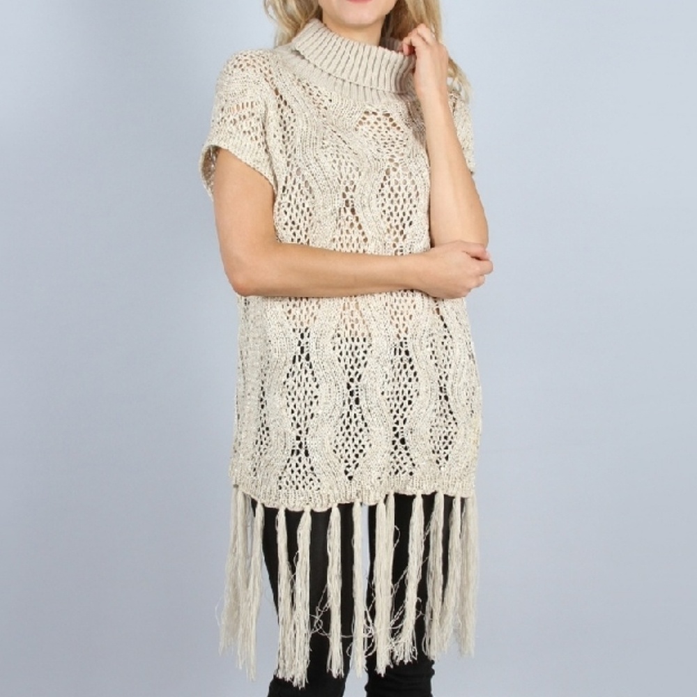 NWT Sequin and Fringe Open Weave Knit Tunic Sweater OSFM In Tan